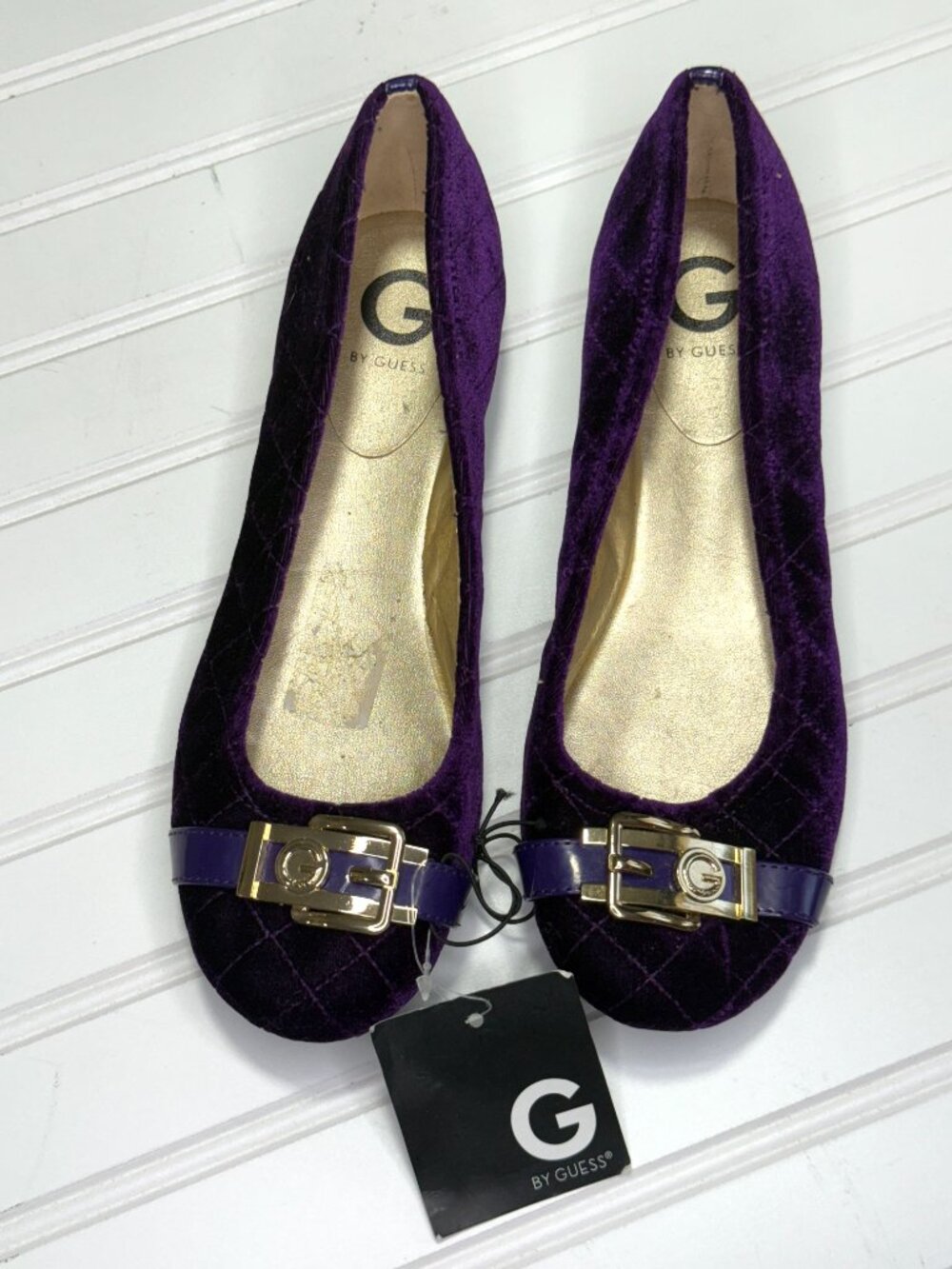 G by Guess Purple Velvet Flats Gold Buckle Ballet Shoes Size 9M